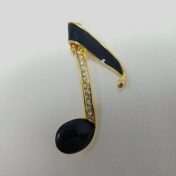 Vintage Eigth Note Shape Brooch, Black Enamel Rhinstone Gold Tone Setting Pin - Picture 2 of 6